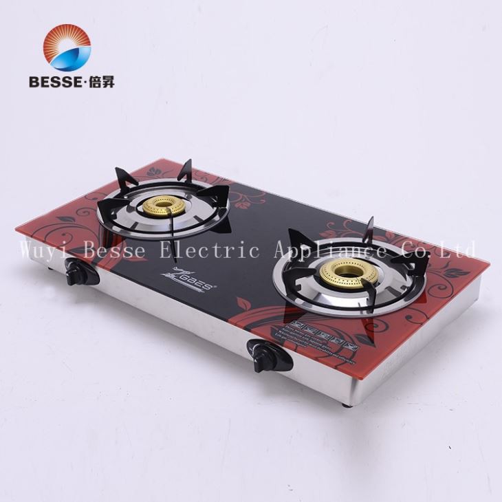 Slim Body 6mm tempered glass Brass Fire Cap Double Burner Gas Stove